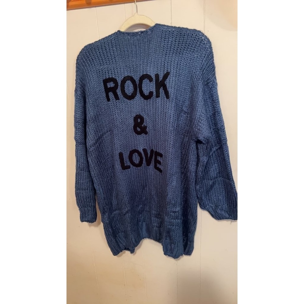 PrettyGarden Blue Knit Cardigan with 'Rock & Love' Design - Picture 3 of 3